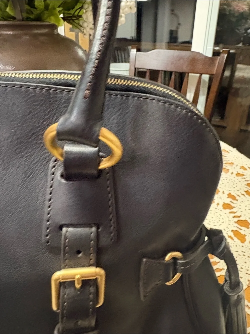 Dooney & Bourke Large Black Florentine Leather Satchel Tassel Bag Gold Hardware
